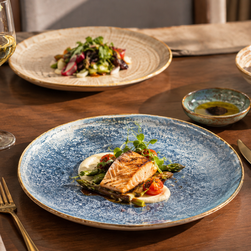Taitang glazed ceramic dinnerware set styled with gourmet salmon on restaurant table setting.png