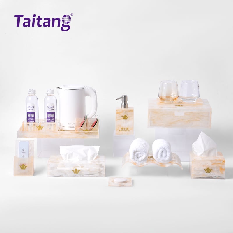 Complete Taitang guest room setup featuring marbled acrylic kettle tray, glassware, and amenities.jpg