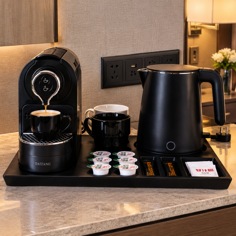 11. Taitang hotel room beverage station setup on a marble countertop, featuring a capsule coffee machine pouring espresso into a mug, a matte black electric kettle, ceramic cups, and a organized tray.png