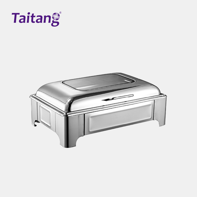سینی گرم‌کننده بوفه و چافینگ دیش استیل ضدزنگ با کیفیت بالا و قابلیت نمایش بصری، همراه با درب شیشه‌ای برای خدمات تأمین غذا در محیط‌های تجاری