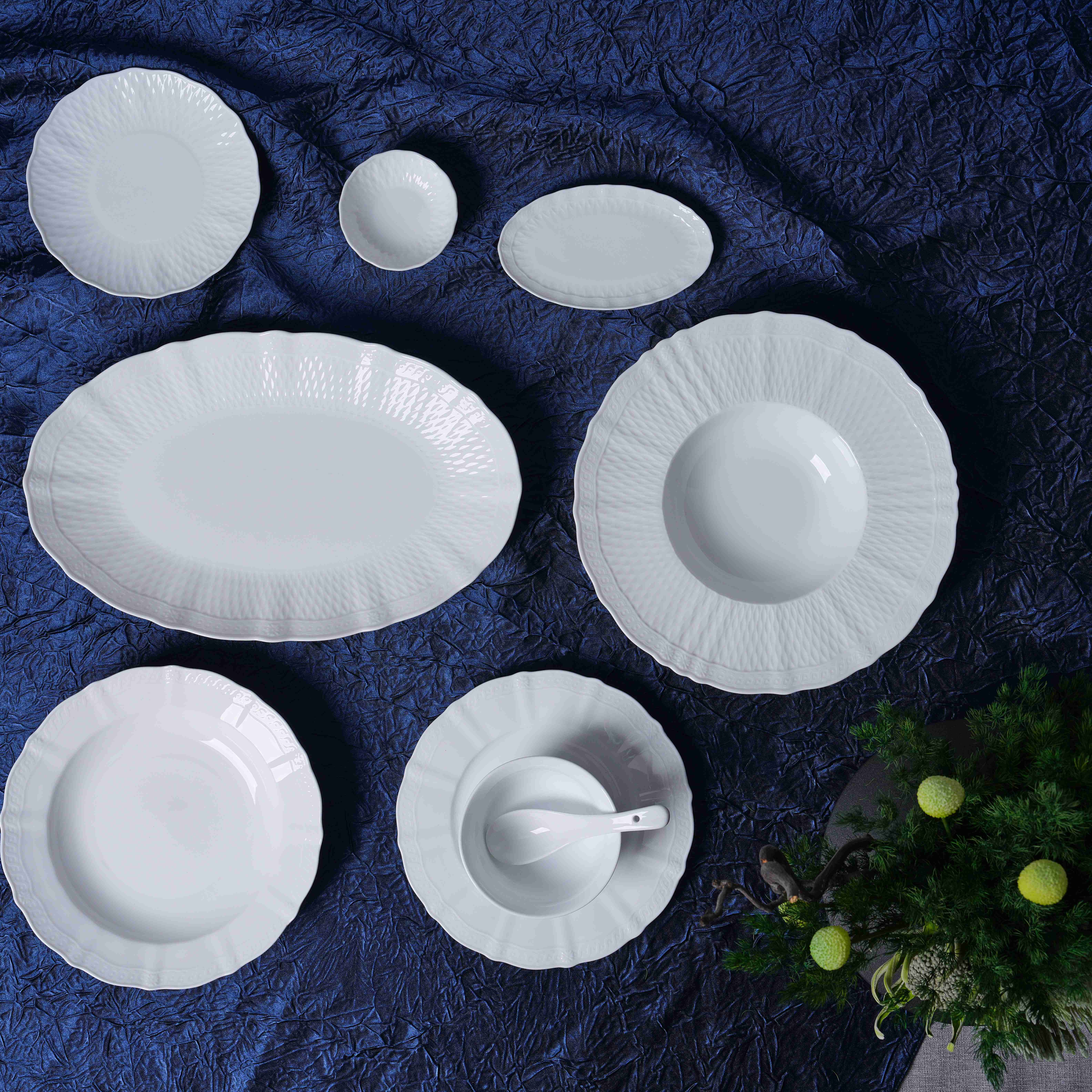 Mynsturprentað hvítt porcelænborðfötu-setti, háþrýst, fyrir viðskipta- og heimilisnotkun, í hótelmyndun