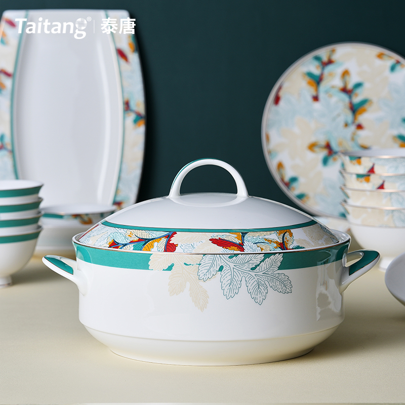 Botanical Whispers Luxury Bone China Dinnerware Set with Tropical Leaf Pattern & Gold Trim for Luxury Resorts