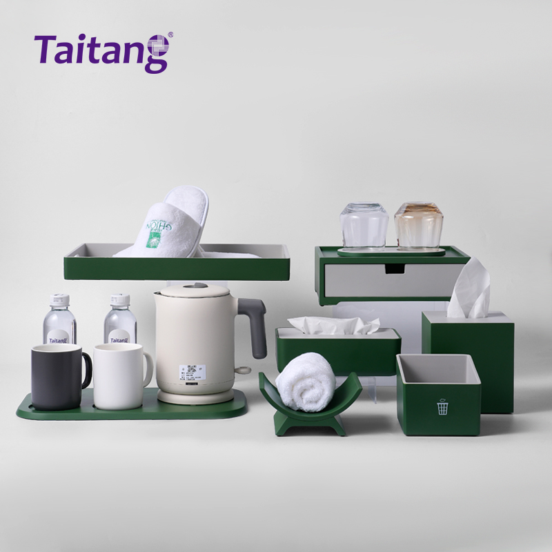 Set Fasilitas Kamar Hotel Berbahan Resin BMC Warna Hijau Hutan, Aksesori Kamar Tamu Hotel Bintang 5 Mewah