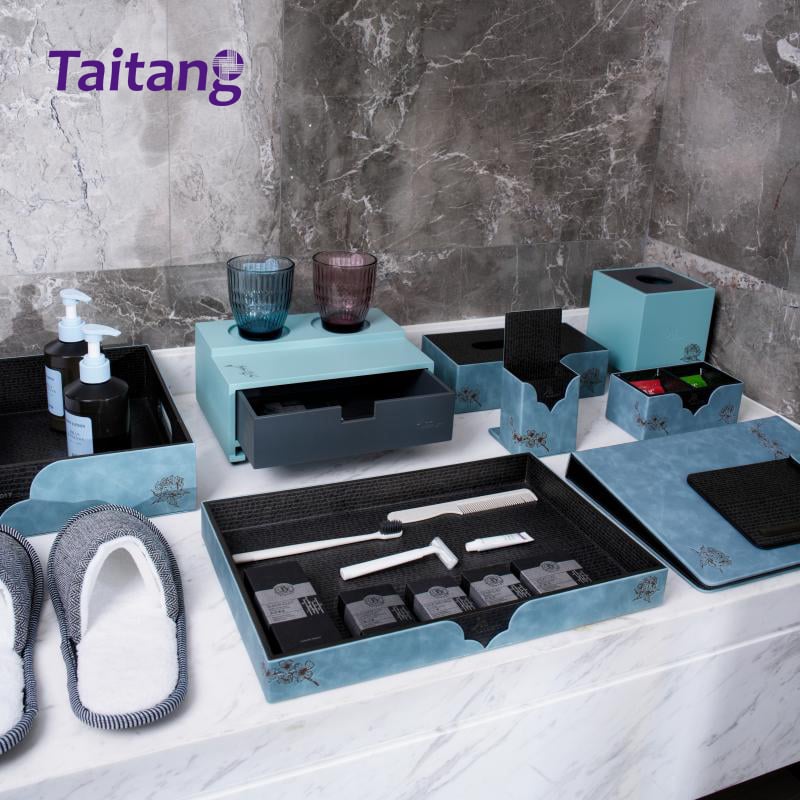 Custom Luxury Leather & Engineered Wood Hotel Bathroom & Guestroom Accessory Sets for Hospitality