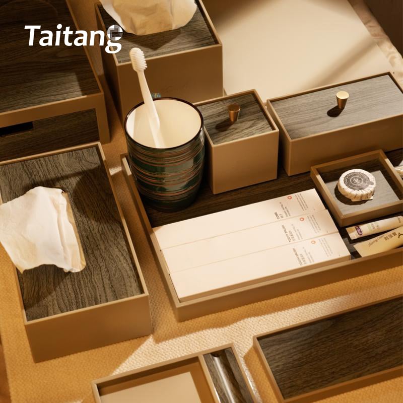 Luxury Hotel Bathroom Accessory Sets & Guest Room Amenity Trays Custom Acrylic & Wood Grain Finish