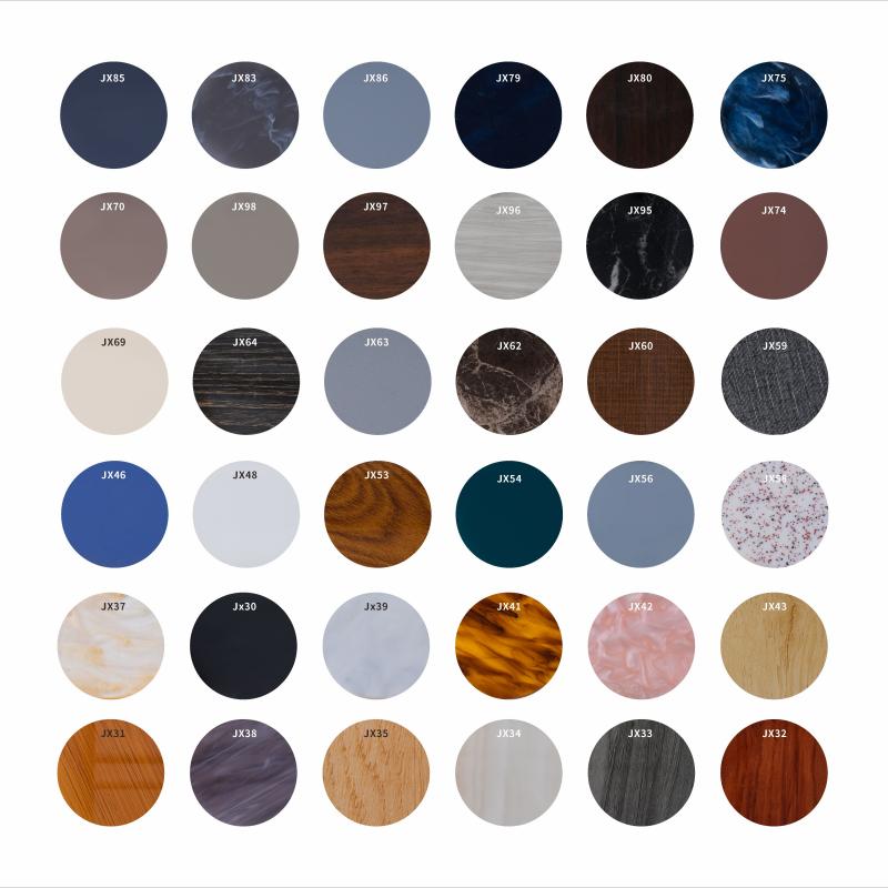 Taitang custom acrylic material color and pattern swatches, featuring solid, marble, wood grain, and mother-of-pearl textured finishes.jpg