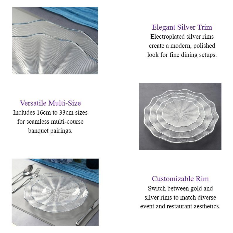 Elegant Scalloped Glass Charger Plates Wholesale Clear & Silver Rim Underplates Bulk for Wedding & Hotel Catering.png