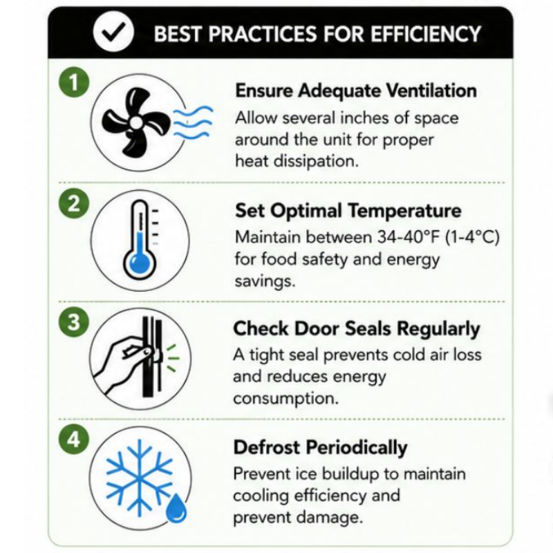 Infographic illustrating best practices for hotel mini fridge energy efficiency and ventilation maintenance.png