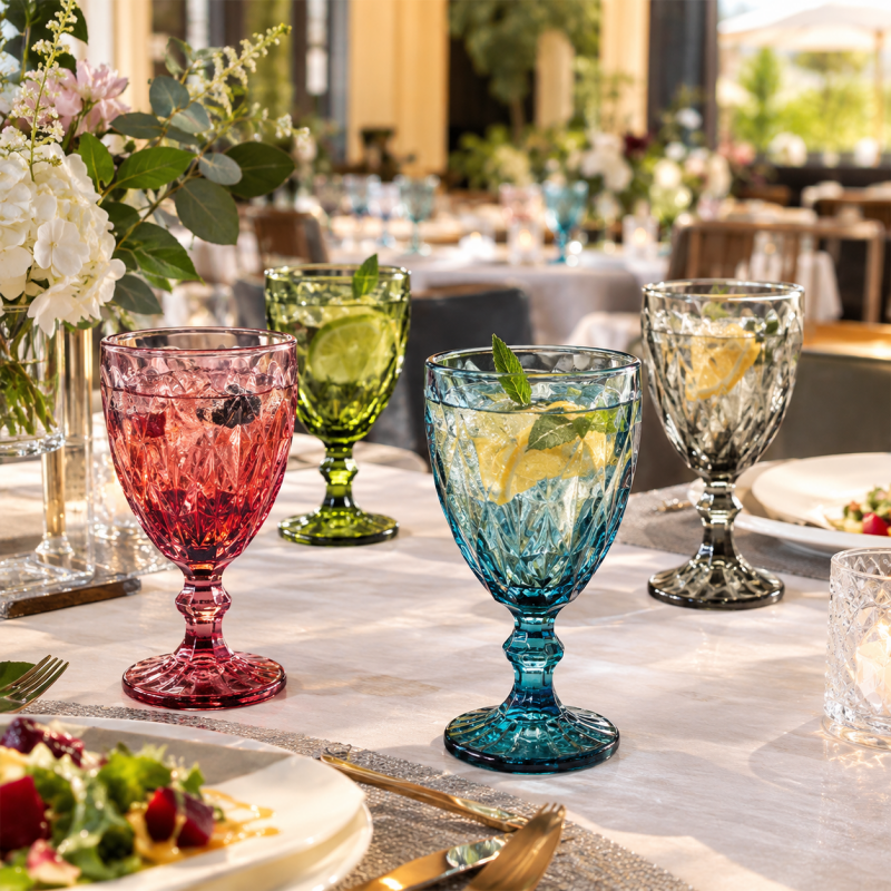 Commercial Diamond Goblet Glasses Vintage Colored Glassware for Hotel Banquets & Luxury Restaurants