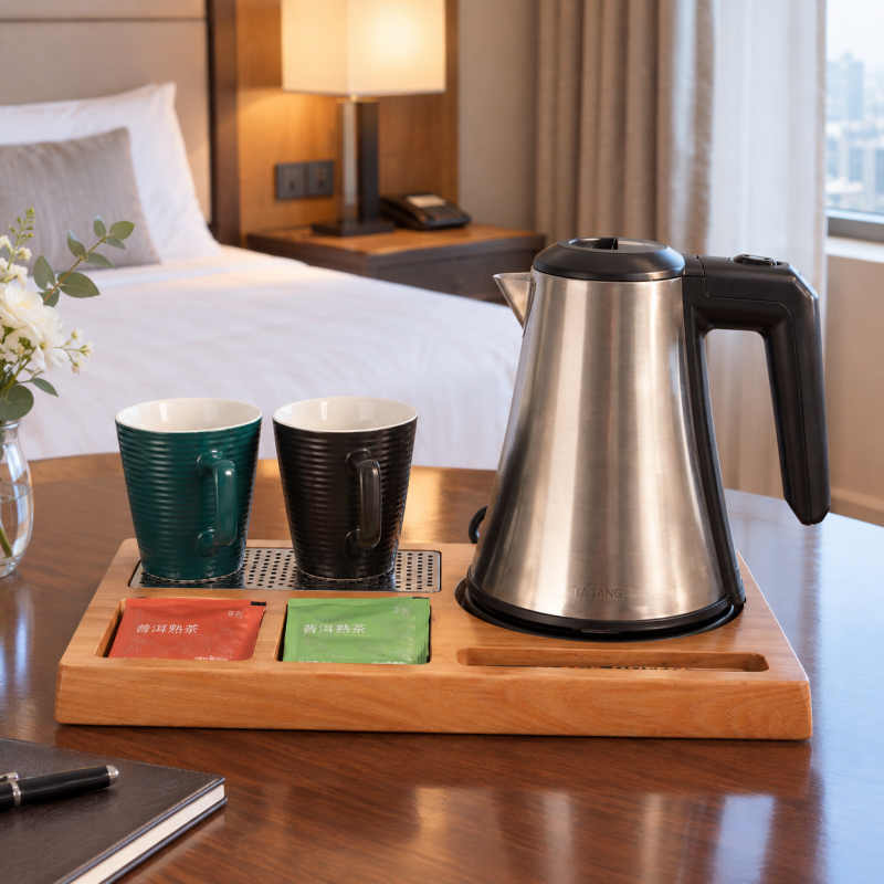 2. Taitang natural wooden tea station tray set with 0.8L stainless steel electric kettle and mugs placed on a hotel room table.png