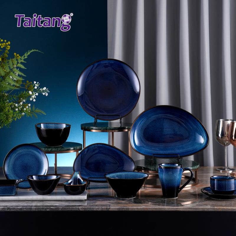 3. Premium Taitang modern dinnerware sets in cosmic blue showcased on multi-tier display stands for luxury hotel table setting.jpg