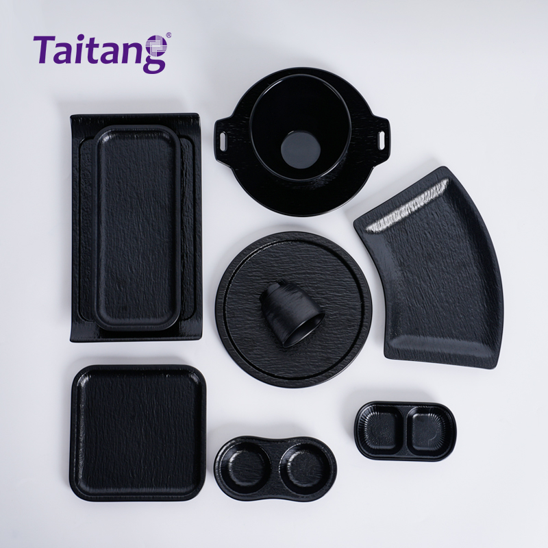 Black Stone-Texture Modern Melamine Dinnerware Sets Durable Melamine Plates and Dishes for Restaurants