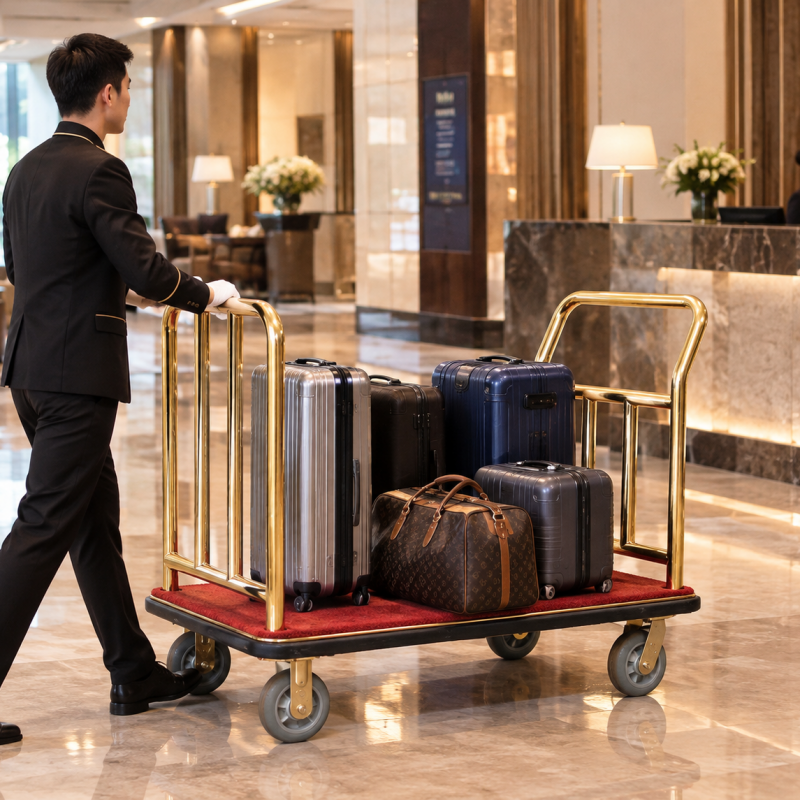 XL luxe spiegelgouden platformbagagekar, zware vierwielse bellmantrolley