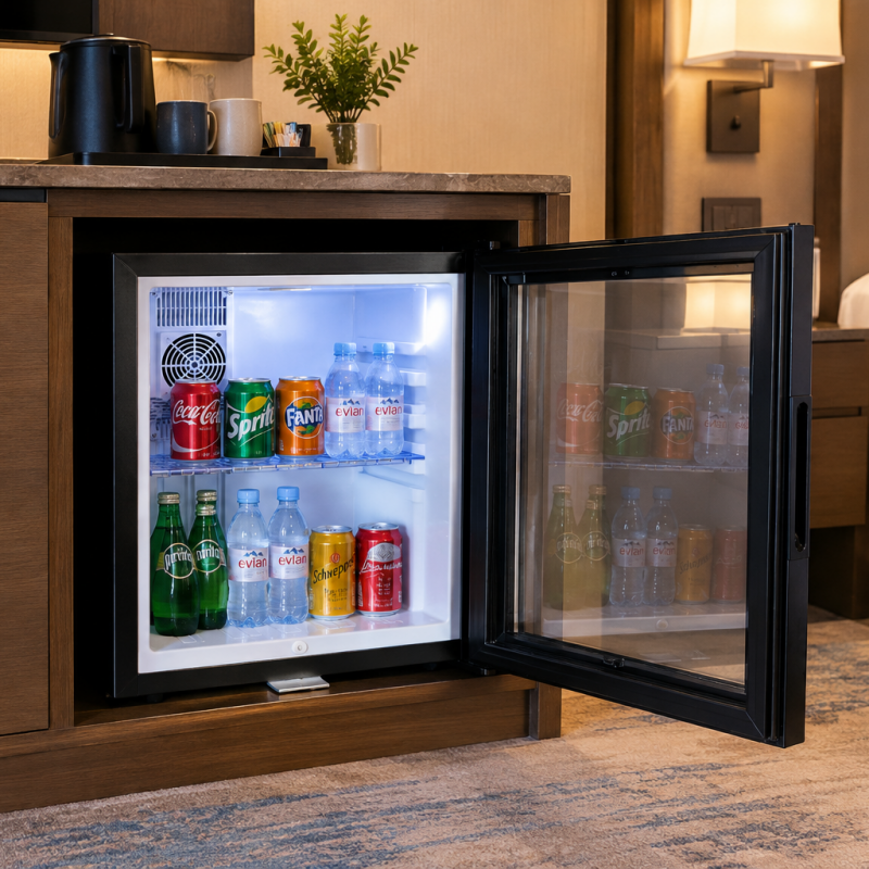 32L Ultra-Quiet Hotel Minibar Eco-Friendly Visible Door Fridge for Luxury Guest Rooms