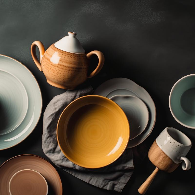 Assorted rustic stoneware ceramic plates, bowls, and teapot displaying natural matte finishes and varied earth tones.jpg