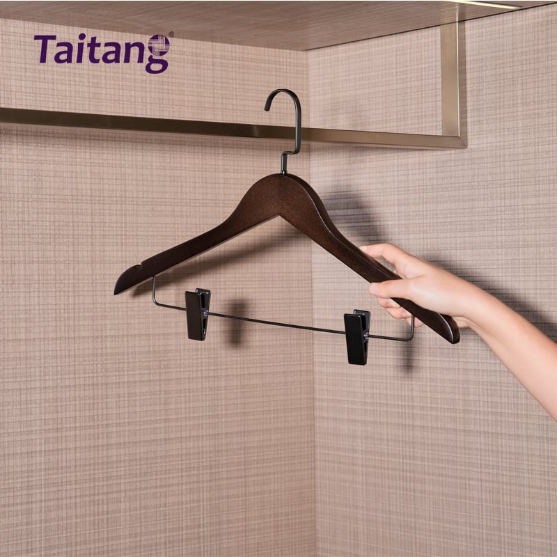 Black Beech Wood Hotel Hangers Heavy-Duty Suit & Trouser Hangers with Non-Slip Clips