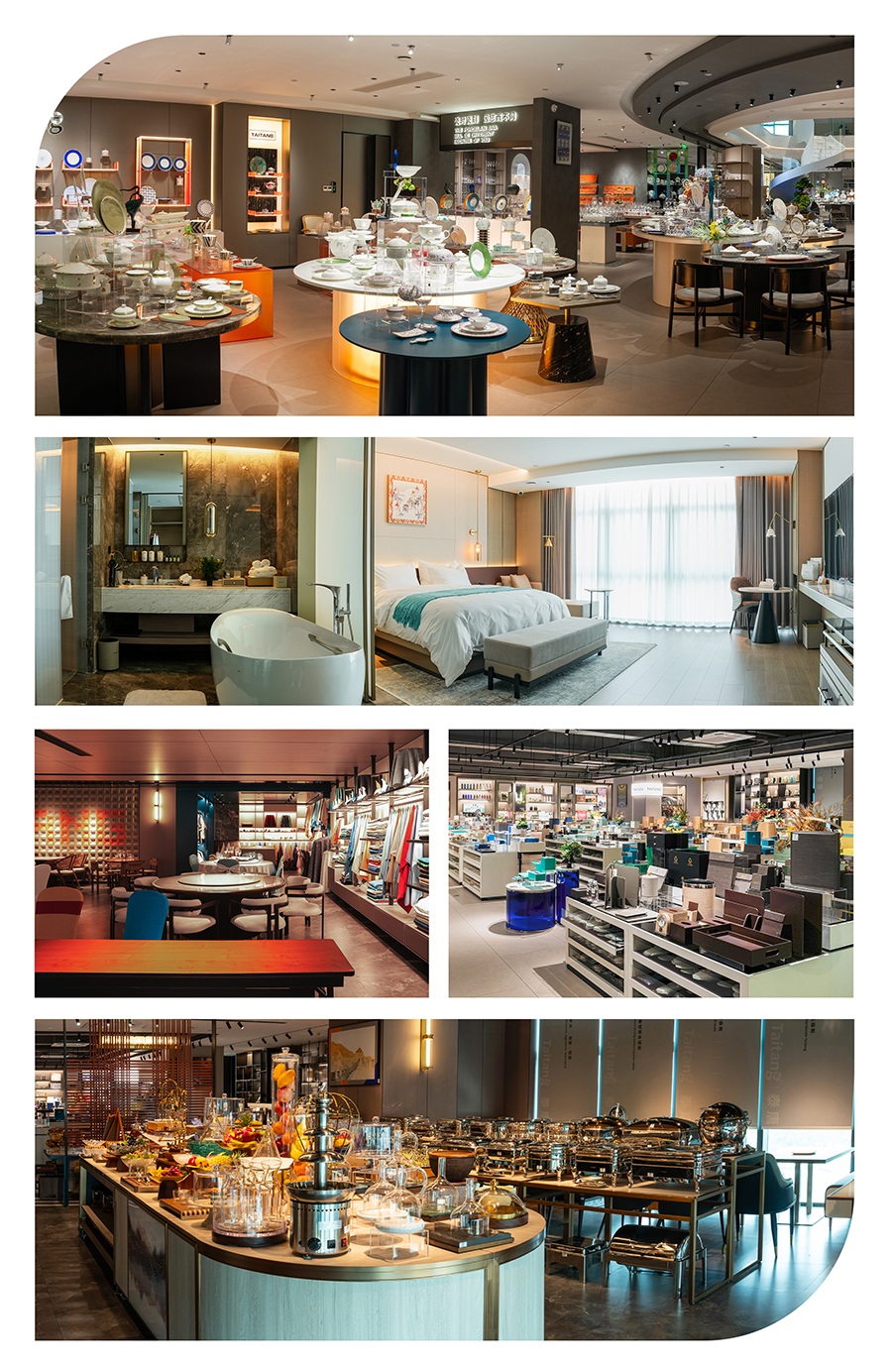 A comprehensive collage showing TAITANG’s one-stop hotel supply range, including ceramic tableware, luxury bathroom fixtures, elegant restaurant linens, guest room amenities, and professional buffet catering equipment.