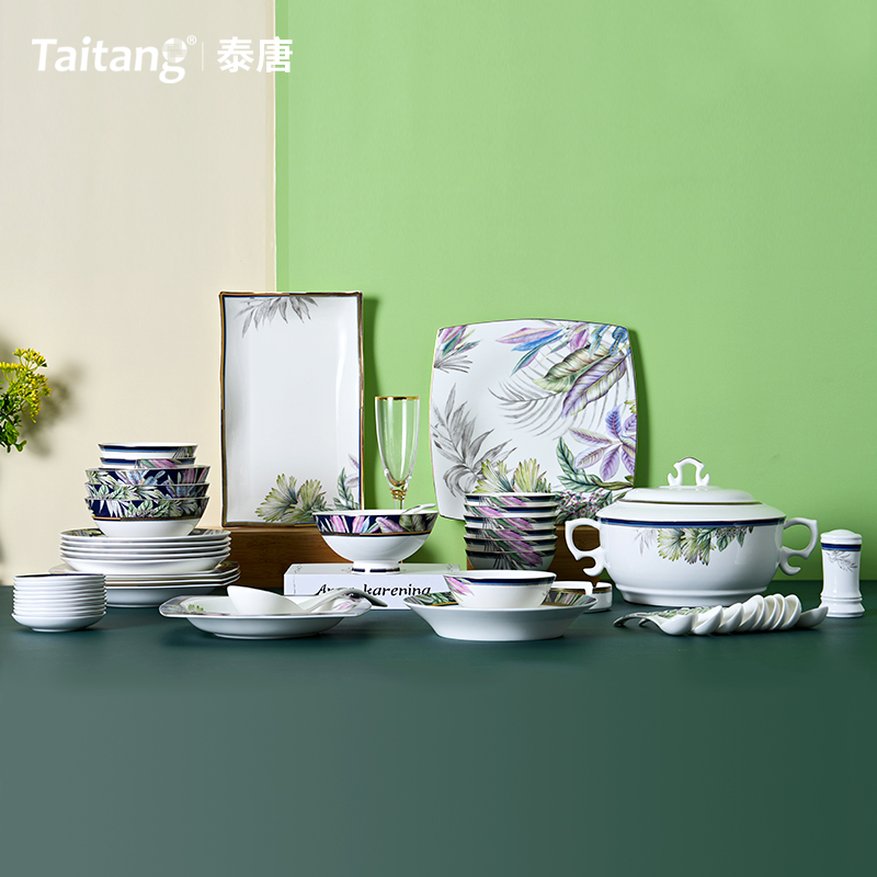 Tropical Rainforest Fine Bone China Dinnerware Set Luxury Botanical Bone Porcelain China Tableware for Eco-Resorts, Hotels & Fine Dining