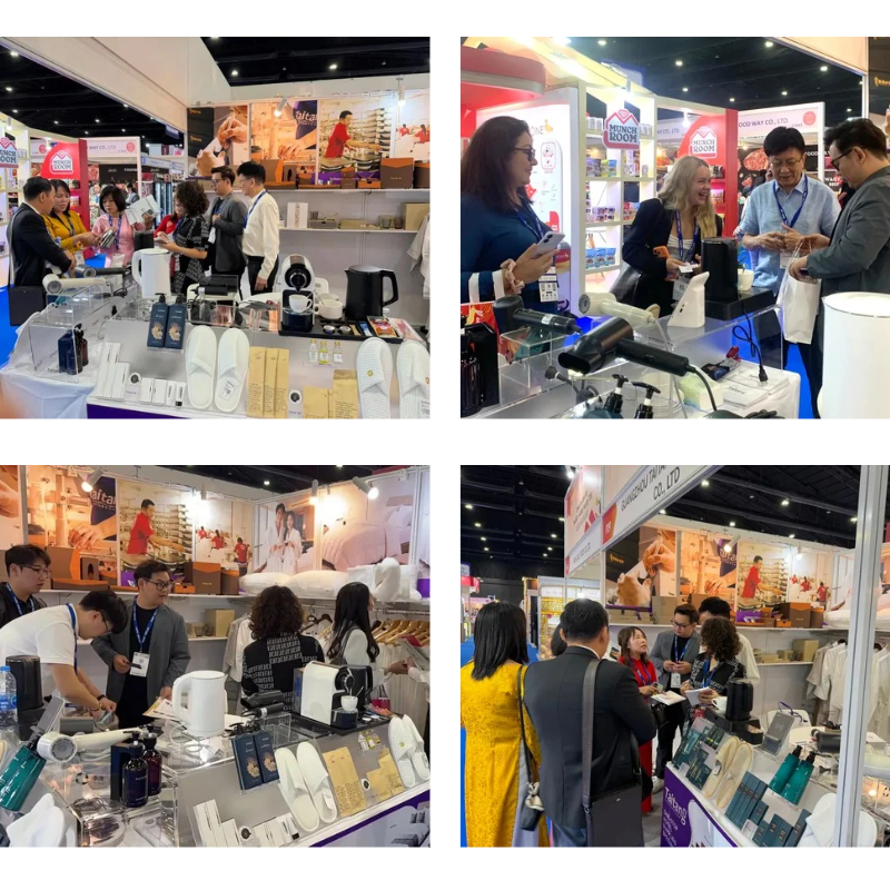 A 4-panel collage showing various interactions and scenes at a bustling trade show in Thailand.png