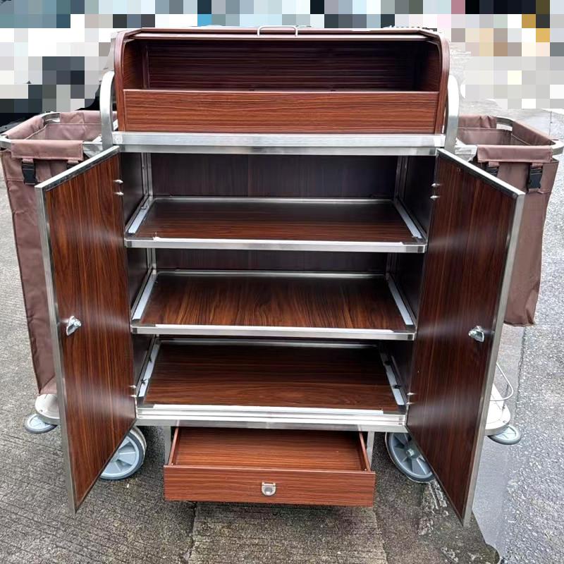 Heavy-duty wooden hotel housekeeping trolley featuring open doors, lockable cabinets, and multi-tier storage compartments.jpg