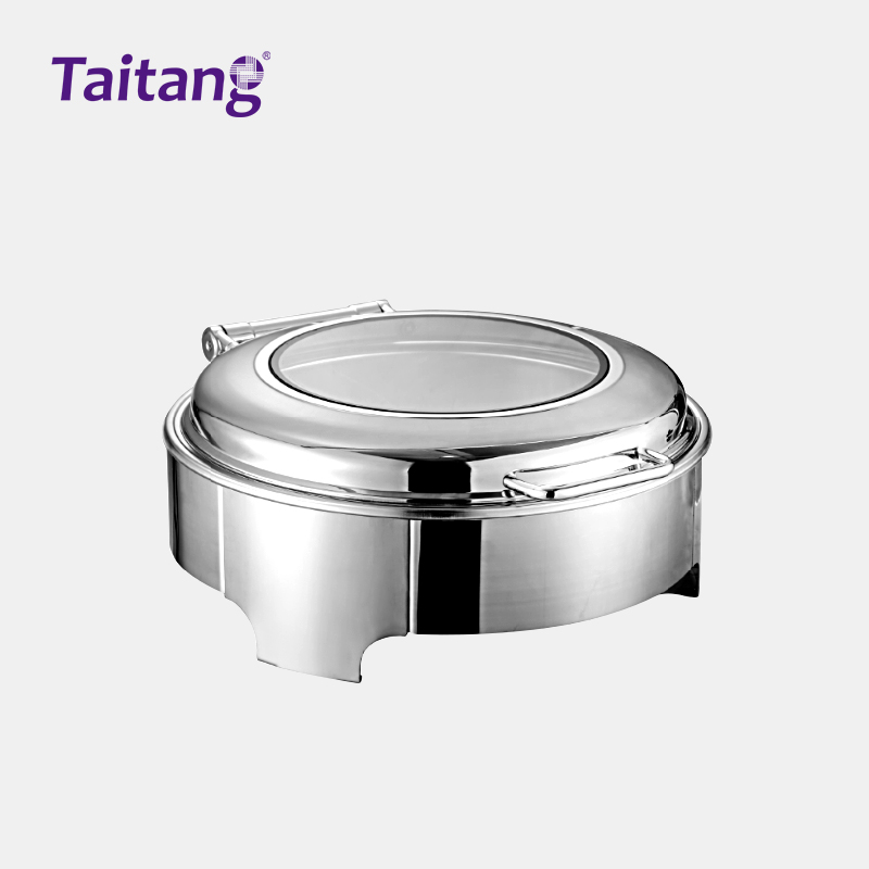 سینی گرم‌کننده بوفه و چافینگ دیش استیل ضدزنگ با کیفیت بالا و قابلیت نمایش بصری، همراه با درب شیشه‌ای برای خدمات تأمین غذا در محیط‌های تجاری