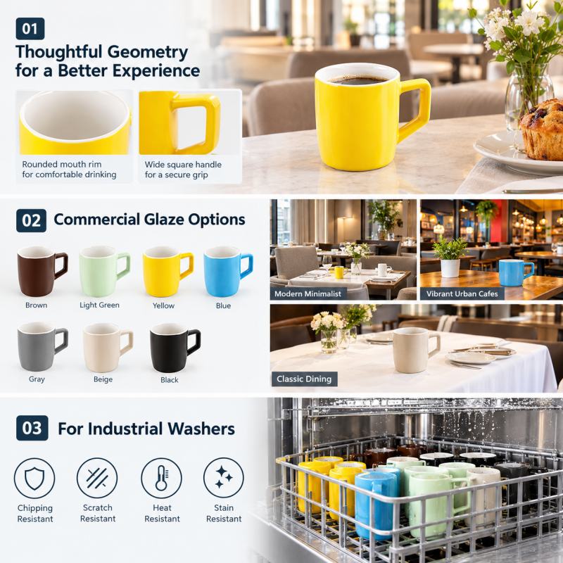 Taitang commercial square ceramic coffee mug feature breakdown showing geometric rim and handle design, multiple glaze color options, and industrial dishwasher durability.png
