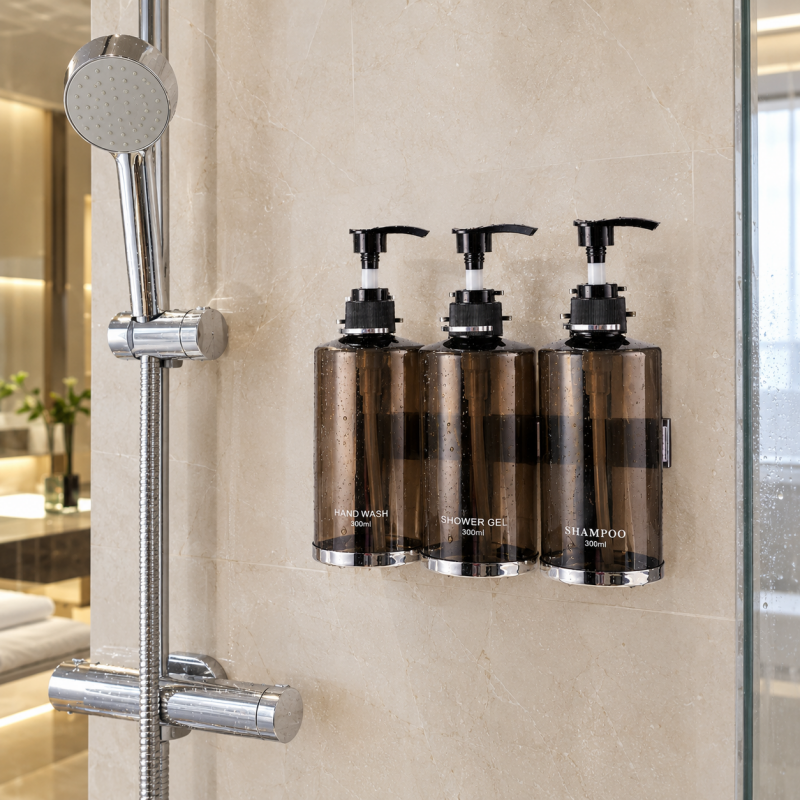 Drievoudige roestvrystaal wandmonteerbare seepdispenserhouer met 300 ml navulbare bottels
