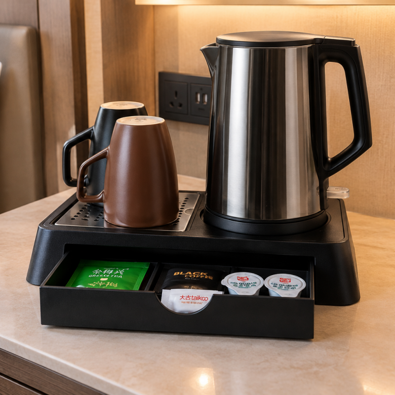 10. A scene in a hotel guestroom with a Taitang hospitality tray station on a marble countertop, featuring a stainless steel electric kettle, two ceramic coffee mugs, and an open drawer.png