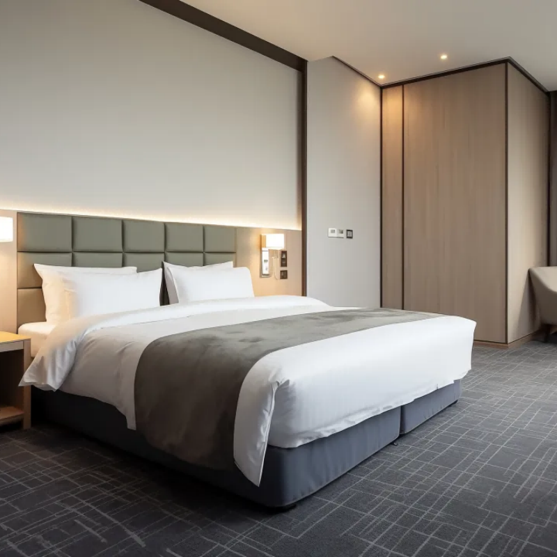 Contemporary hotel guest room featuring a king bed with crisp white bedding, a gray bed runner, and wood-paneled walls.png