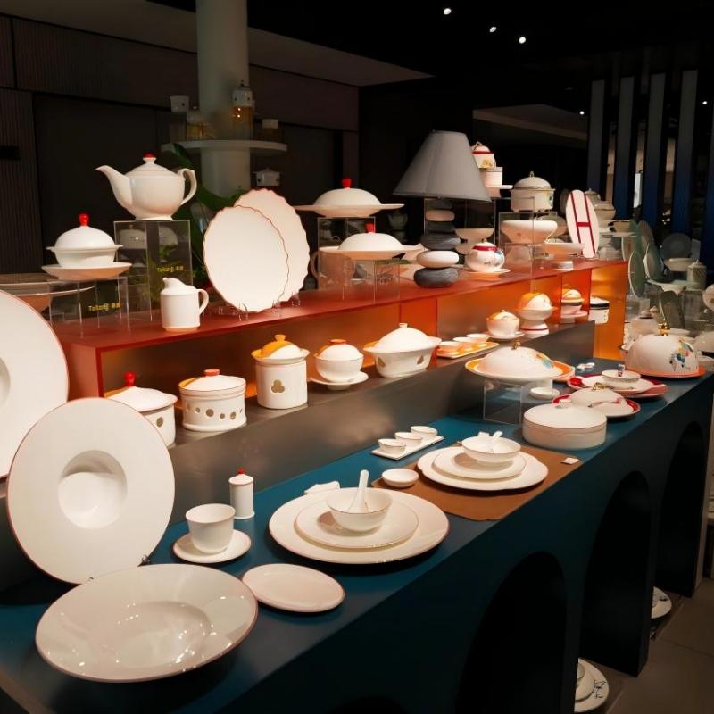 Taitang showroom display presenting an extensive collection of commercial ceramic and porcelain tableware for hotel procurement.jpg