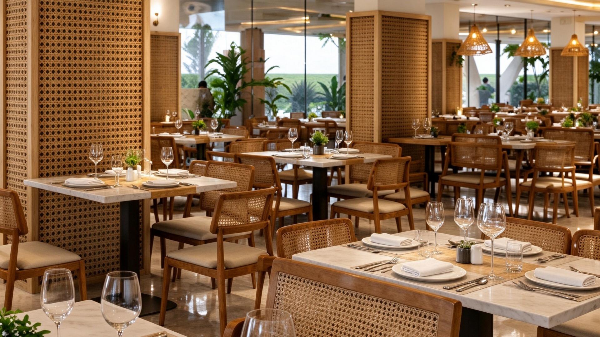Bright all-day dining restaurant interior featuring wooden dining tables, woven chairs, and set table settings at Galilea Hotel Bohol.jpeg