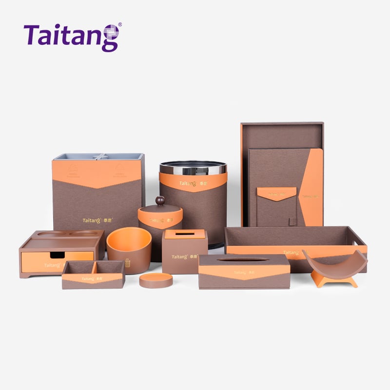 Executive Tan & Coffee Leather Hotel Room Amenities Set Luxury 5-Star Hotel Guest Room Accessories