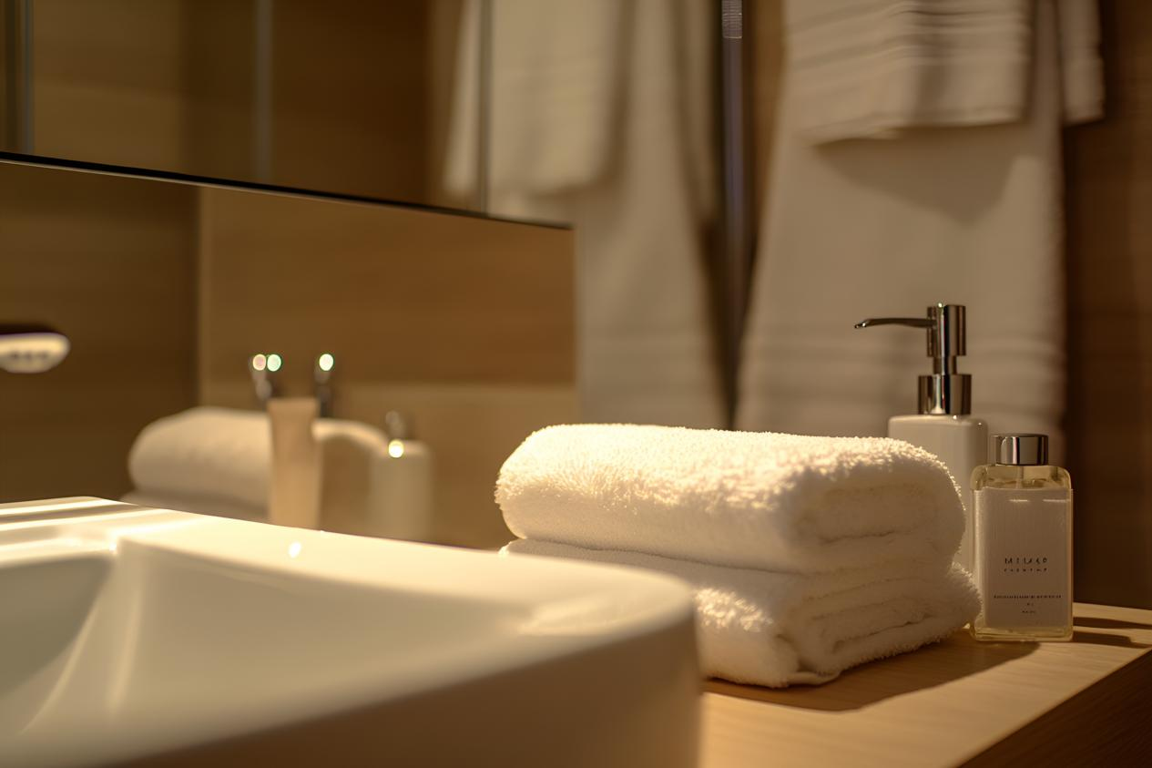 Close-up of premium hotel bathroom amenities featuring fluffy white folded towels, a sleek soap dispenser, and luxury toiletries on a wooden vanity.