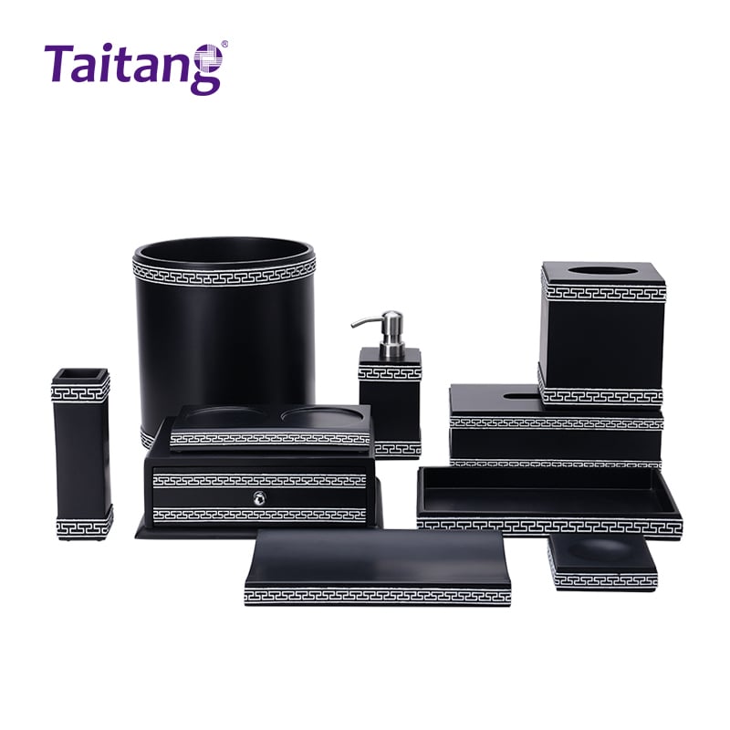 Bộ tiện nghi phòng khách sạn – Nhựa resin màu đen mờ có họa tiết trắng, phụ kiện phòng khách và phòng tắm khách sạn 5 sao