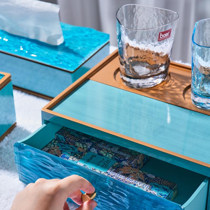 Close-up of a premium turquoise textured resin hotel hospitality welcome tray with an integrated storage drawer for tea sachets and coffee pods, designed by Taitang.jpg