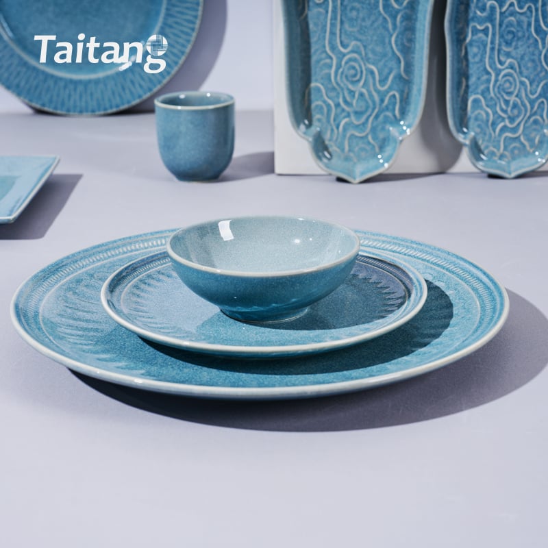 Reactive Glaze Flower Basket Porcelain Dinnerware Set Ceramic Bowls & Serving Platters Wholesale for Luxury Dining