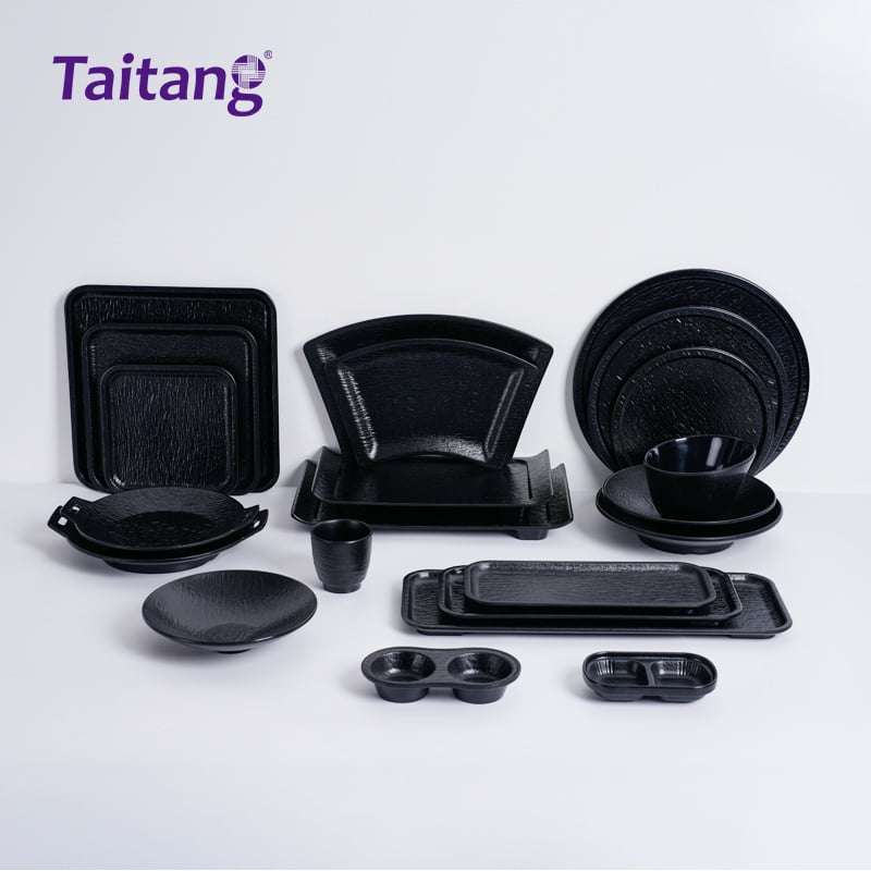 Black Stone-Texture Modern Melamine Dinnerware Sets Durable Melamine Plates and Dishes for Restaurants