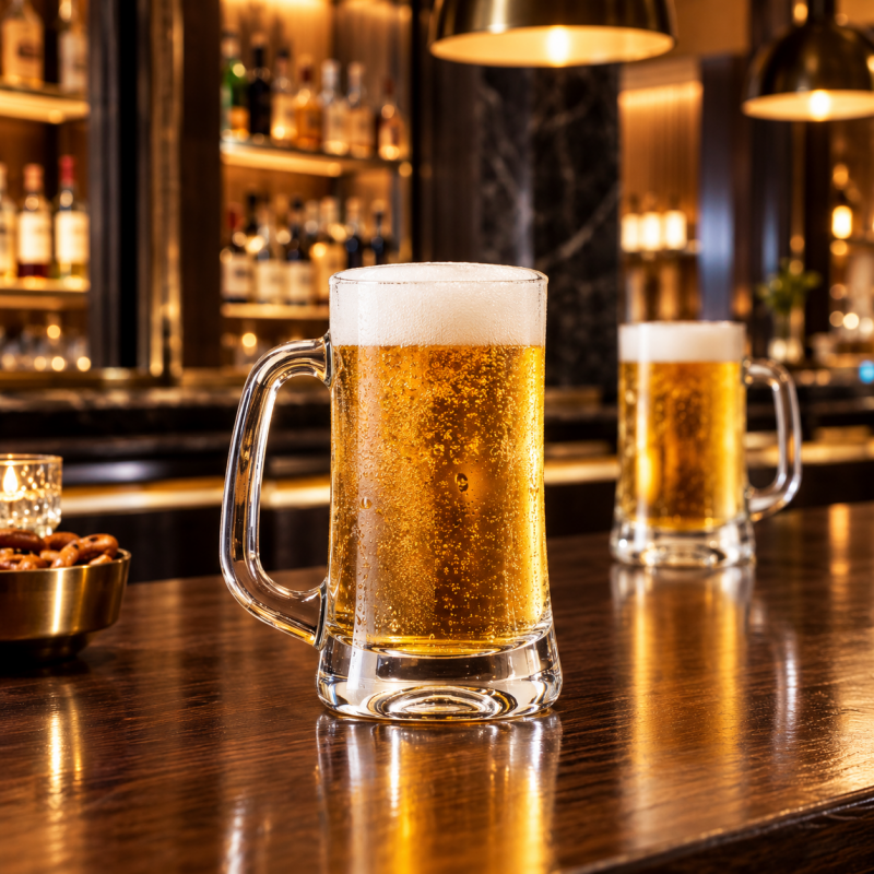Taitang commercial beer mugs with handles filled with foamy draft beer on a wooden hotel bar counter.png