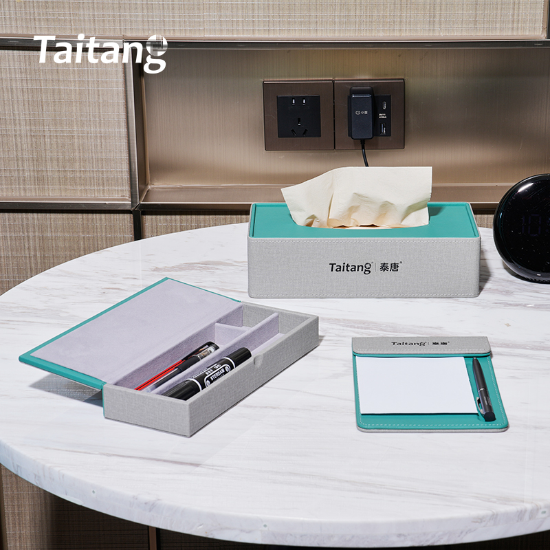 Set di accessori per bagno in camera d'albergo grigio-turchese, forniture personalizzate per strutture ricettive e vassoi per amenity, vendita all'ingrosso