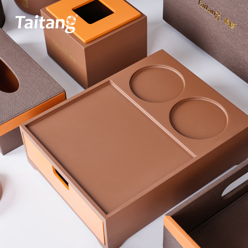 Executive Tan & Coffee Leather Hotel Room Amenities Set Luxury 5-Star Hotel Guest Room Accessories