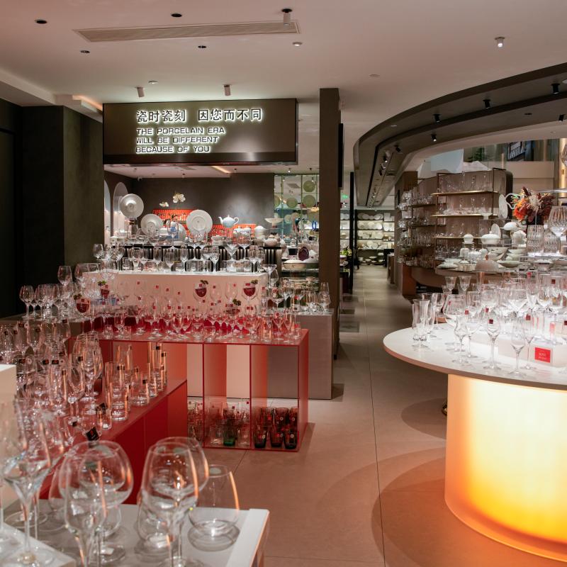Wide selection of hospitality stemware and barware arranged in a luxury B2B tableware showroom.JPG