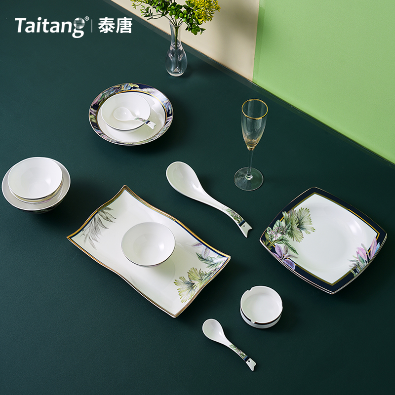 Tropical Rainforest Fine Bone China Dinnerware Set Luxury Botanical Bone Porcelain China Tableware for Eco-Resorts, Hotels & Fine Dining