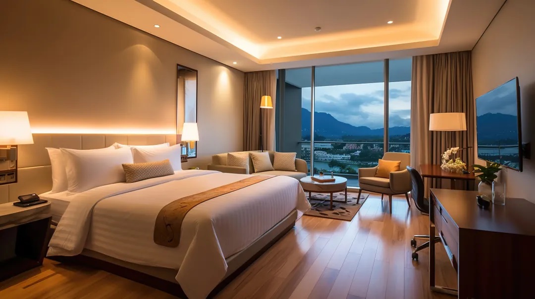 A luxury hotel guest room featuring warm lighting, a plush double bed with white linens, and a stylish bed runner, overlooking a scenic mountain view at dusk.