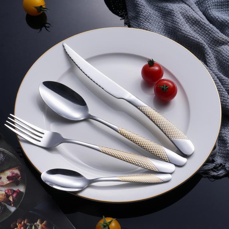Luxury Restaurant Cutlery Set Gold Checkered Handle 201 Stainless Steel Cutlery for Hotels & Fine Dining