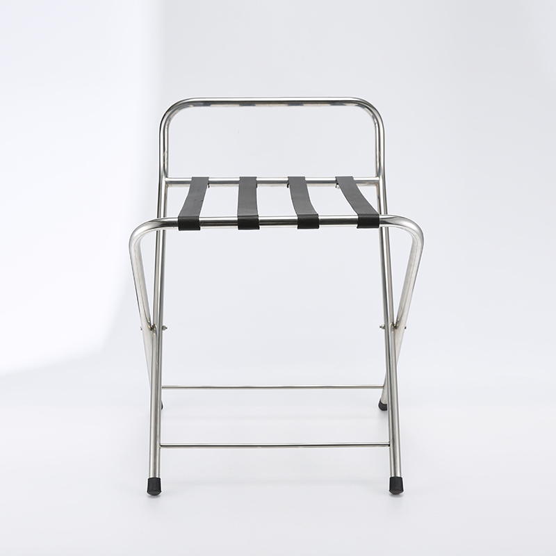 Estante plegable para equipaje de hotel en acero inoxidable premium con respaldo elevado