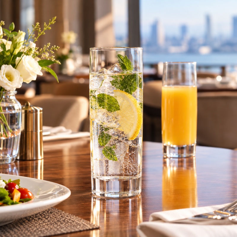Taitang commercial straight highball glass filled with sparkling water, ice, lemon, and mint on a luxury hotel restaurant dining table.png