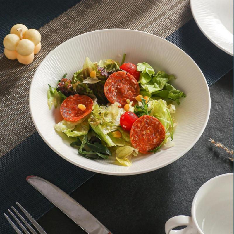 Fresh salad served in Taitang Glacier series textured white ceramic soup bowl for fine dining tabletop setup.jpg
