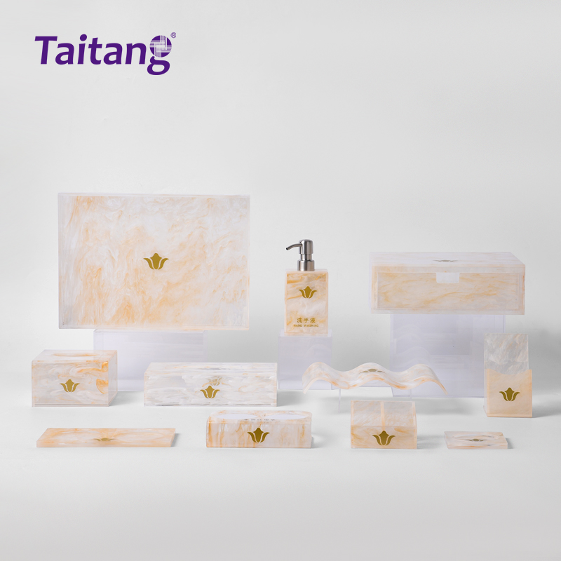 Bộ tiện nghi phòng khách sạn và phòng tắm làm từ acrylic vân đá, nhà cung cấp phụ kiện phòng khách cao cấp cho khách sạn 5 sao