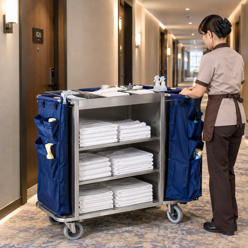 Taitang stainless steel hotel housekeeping trolley with blue fabri.png