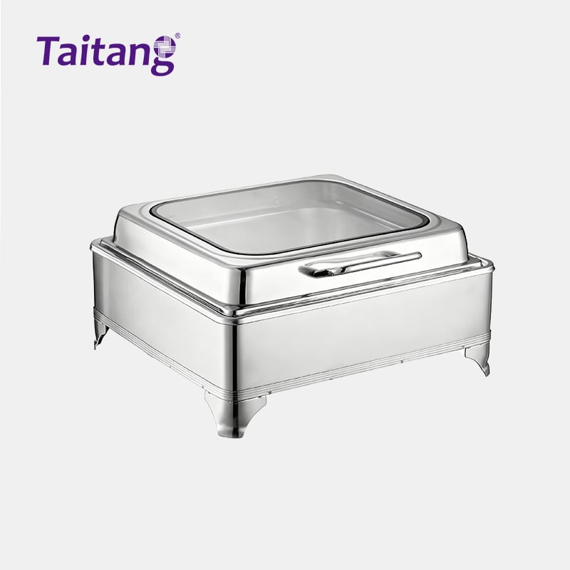 Deluxe Stainless Steel Food Warmer Buffet Luxury Rimmed Chafing Dishes with Glass Vision Lid for Star-Rated Hotels